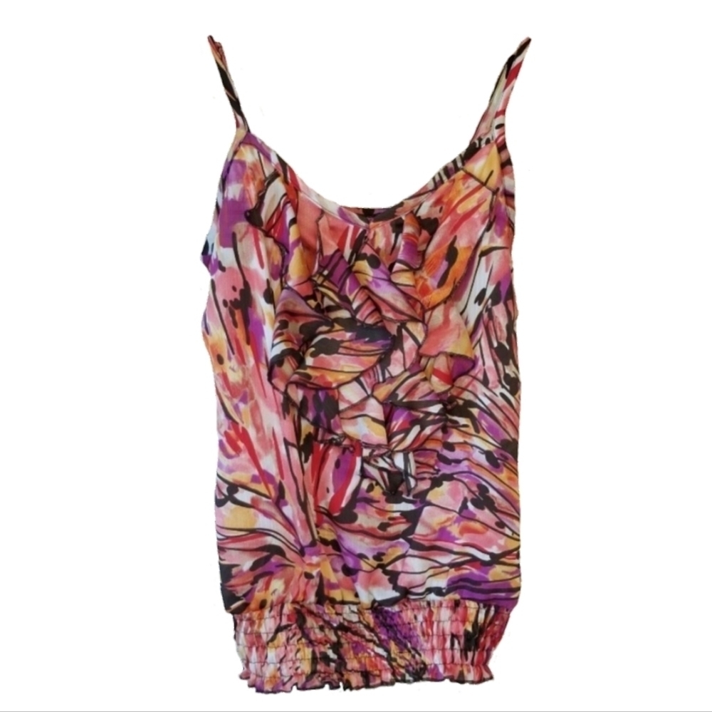 Retro Pink Black Multicolor Ruffle Cami Top, S
